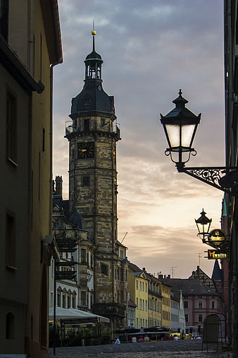 Historic Town Hall Tower in Altenburg, Germany at Dusk