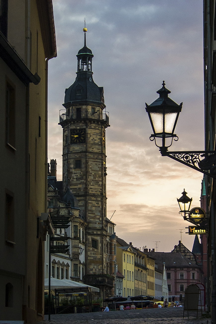 Historic Town Hall Tower in Altenburg, Germany at Dusk