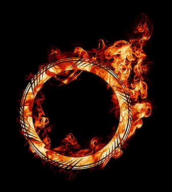Flaming circular ring with smoke on black background