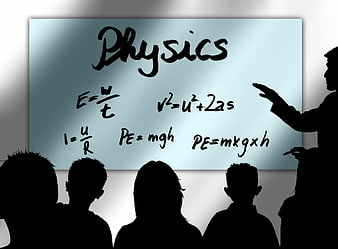 Silhouette of students and teacher in physics classroom with equations