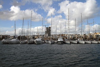 Sailboats docked in a marina with city skyline and clouds