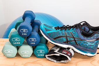 Fitness Equipment: Dumbbells, Sneakers, and Exercise Ball