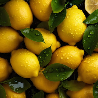 Fresh Yellow Lemons with Water Drops and Green Leaves