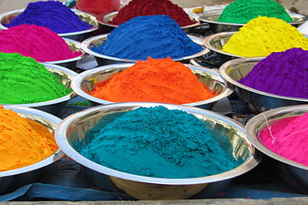 Vibrant Holi Colors in Metal Bowls