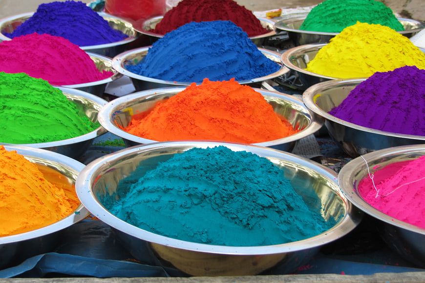Vibrant Holi Colors in Metal Bowls