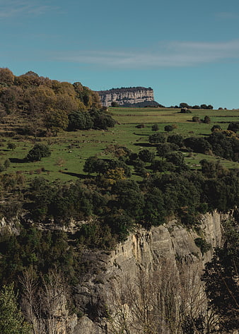 Scenic landscape with limestone cliffs and autumn forest