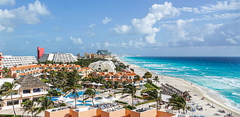 Aerial View of Cancun Beach Resorts and Turquoise Caribbean Ocean