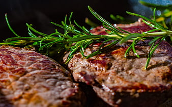 Close-up of grilled beef steak with fresh rosemary garnish