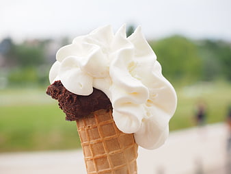 Chocolate and Vanilla Soft Serve Ice Cream in Waffle Cone