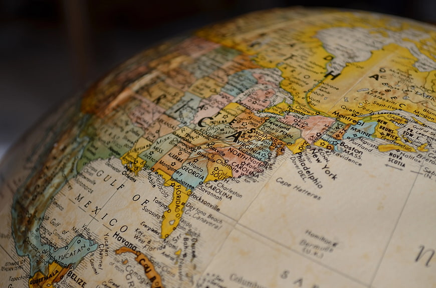 Close-up of vintage globe showing North America