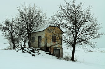 Abandoned yellow house in snowy winter landscape with bare trees