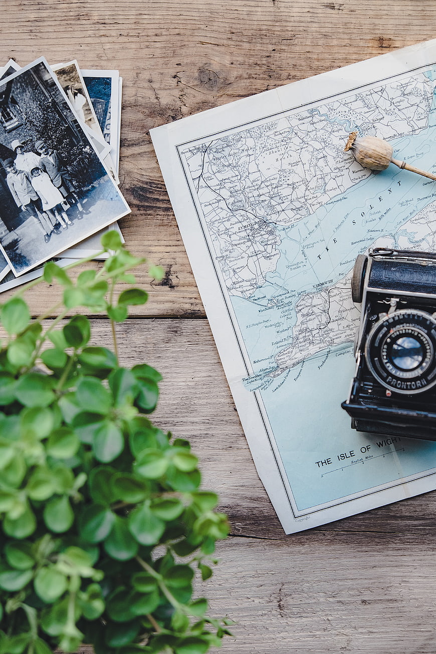 Vintage Camera and Old Map on Wooden Table with Plant