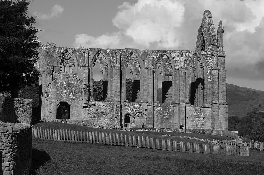 Black and white photo of Whitby Abbey ruins in Yorkshire