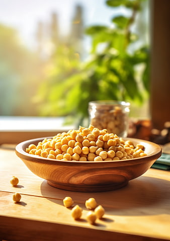Fresh Chickpeas in Wooden Bowl on Sunlit Table
