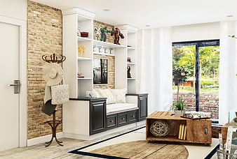 Modern Entryway with Built-in Bench and Brick Wall