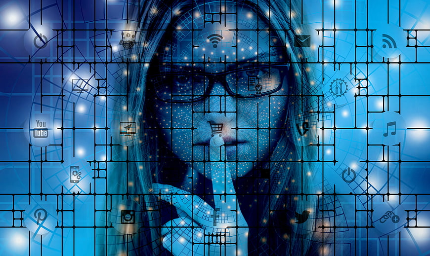 Woman With Finger On Lips Surrounded By Digital Social Media Icons