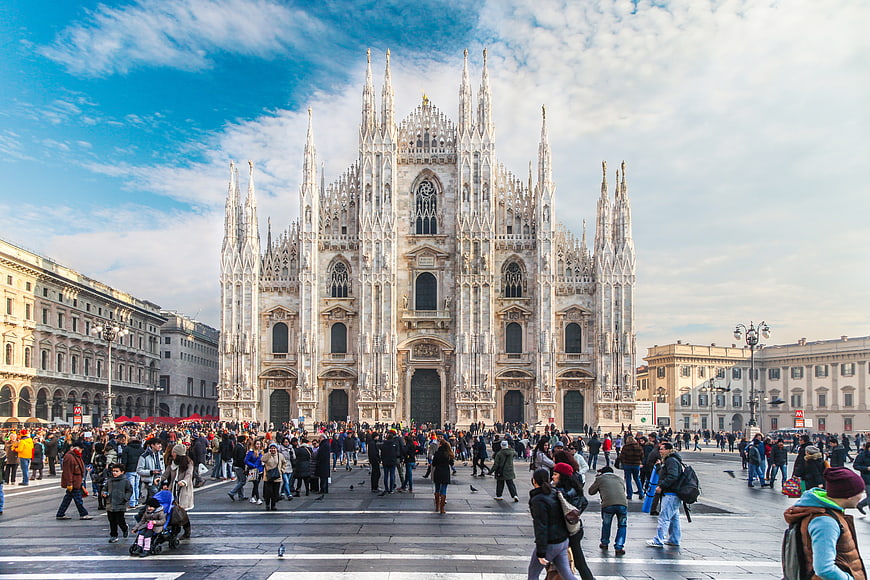 Milan Cathedral Duomo di Milano with crowd in Piazza del Duomo