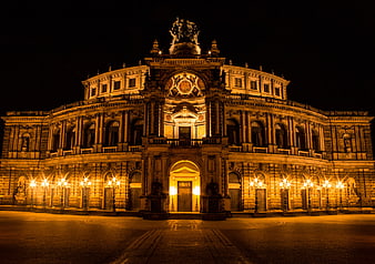 Illuminated Semperoper Opera House at Night in Dresden