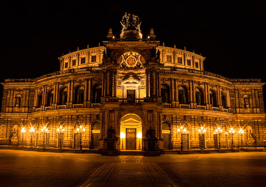 Illuminated Semperoper Opera House at Night in Dresden