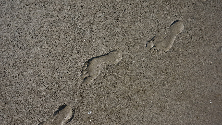 Barefoot footprints in wet sand on a beach