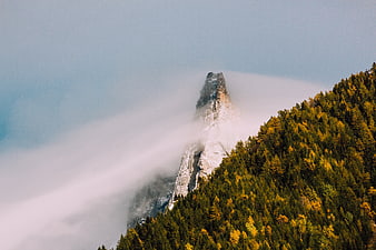 Majestic Mountain Peak Emerging from Misty Autumn Forest