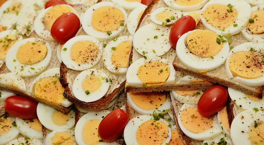 Boiled egg and tomato sandwiches on rustic bread
