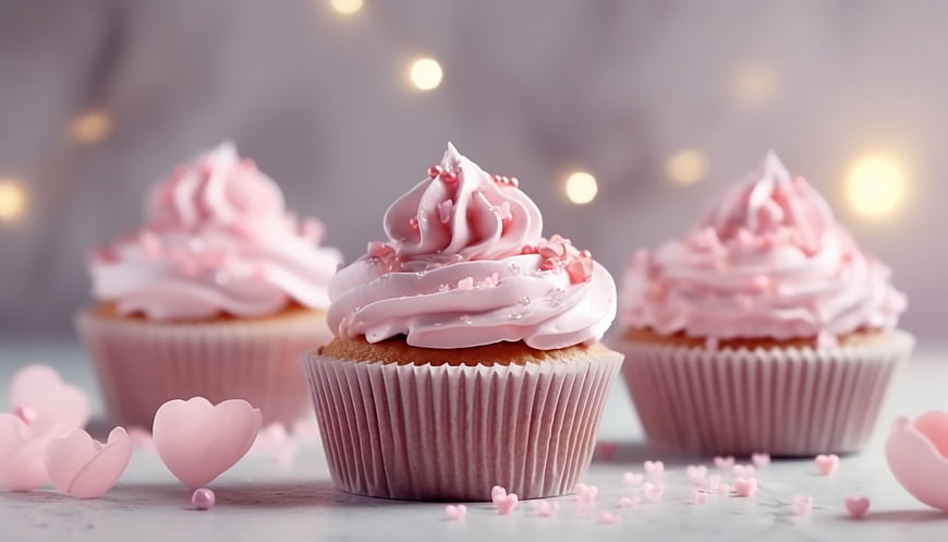 Pink Frosted Cupcakes with Heart Sprinkles and Bokeh Lights