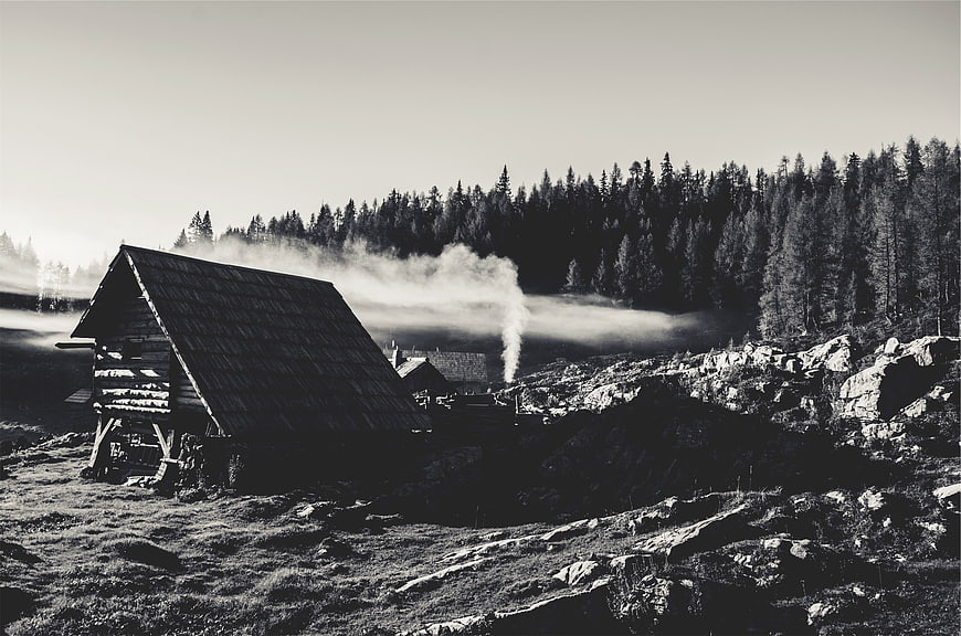 Black and white rustic cabin with smoke in mountain forest
