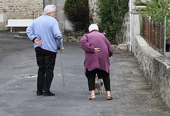Senior couple walking with cane and dog on village street