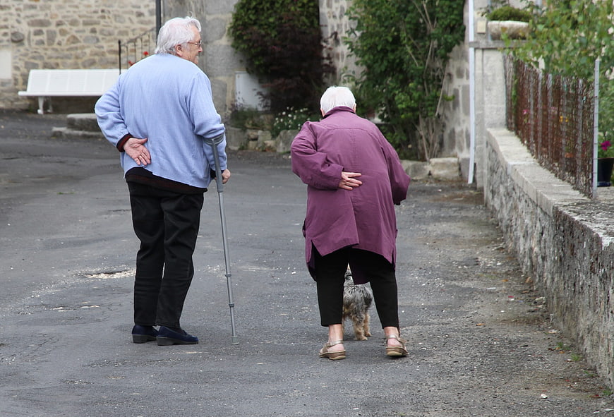 Senior couple walking with cane and dog on village street
