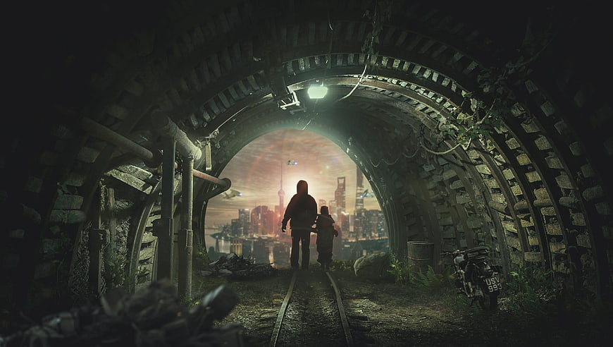 Father and son walking out of dark tunnel to futuristic city