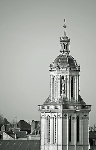 Black and white church bell tower architecture