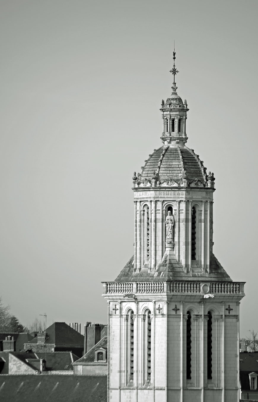 Black and white church bell tower architecture