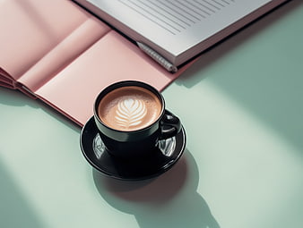 Black coffee cup with latte art on pastel mint and pink background