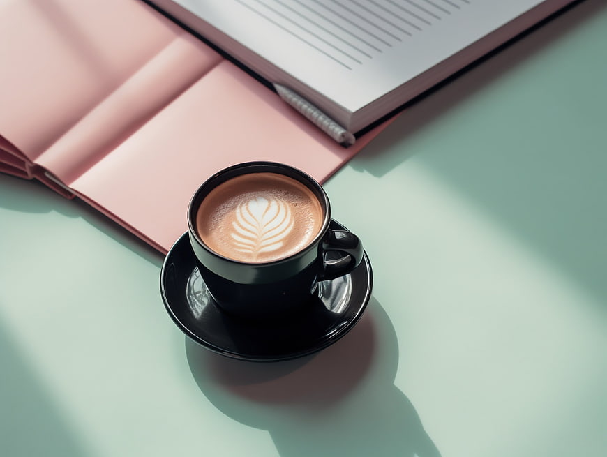 Black coffee cup with latte art on pastel mint and pink background