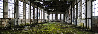 Abandoned industrial warehouse interior with mossy floor and large windows
