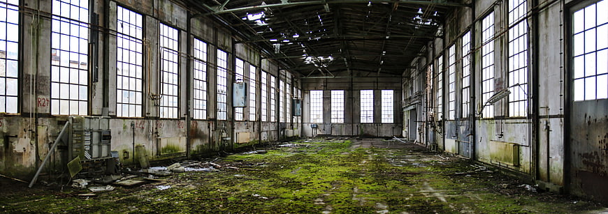 Abandoned industrial warehouse interior with mossy floor and large windows