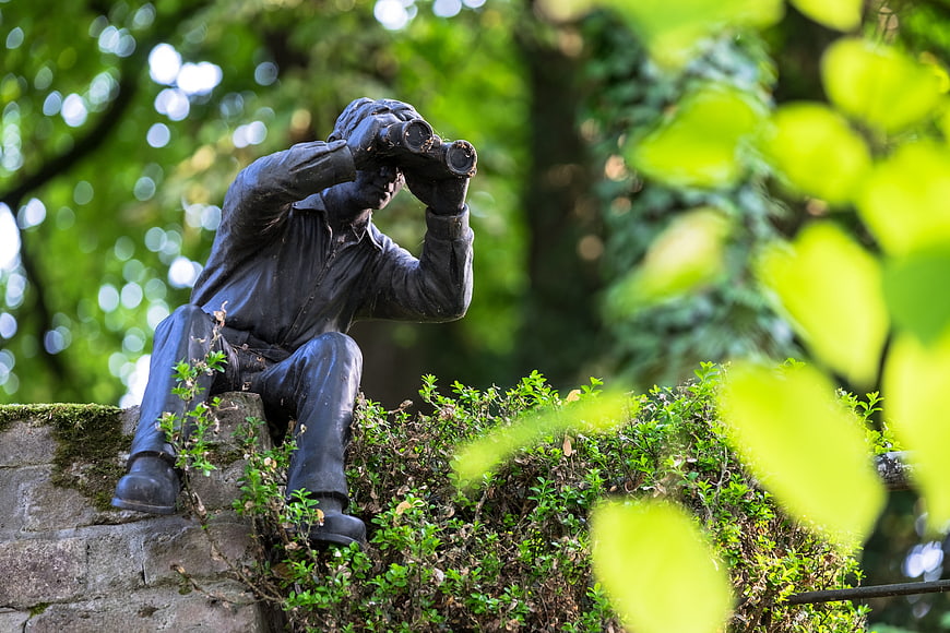 Bronze Statue of Man with Binoculars in Lush Green Park