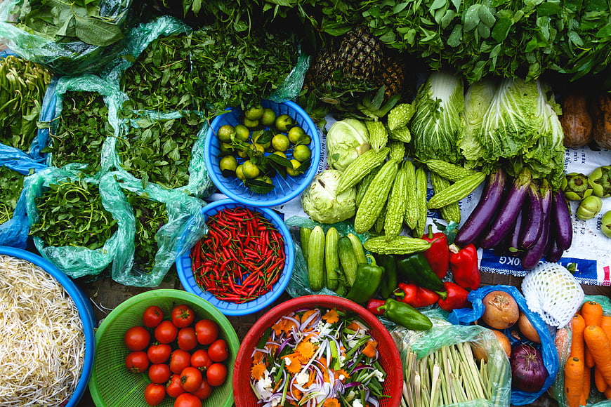 Top View of Fresh Vegetables and Herbs at Asian Market