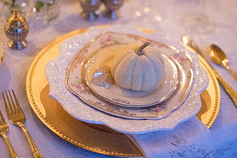 Elegant Vintage Thanksgiving Table Setting with White Pumpkin