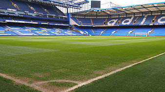 Empty Chelsea Football Club Stadium Pitch and Blue Seats