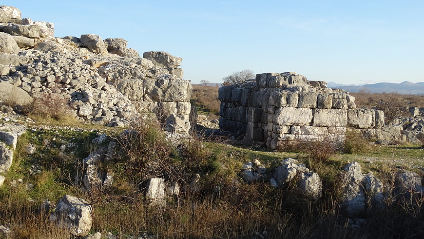 Ancient stone ruins in a grassy landscape with distant mountains