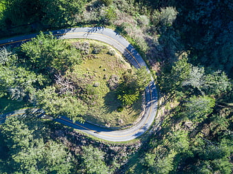 Aerial view of winding mountain road through forest
