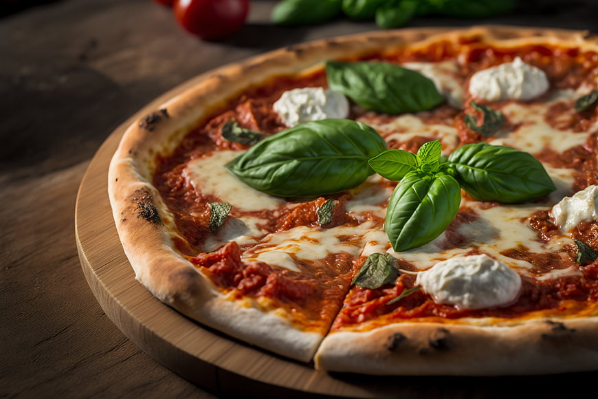 Fresh Pizza Margherita with Basil and Mozzarella on Wooden Board