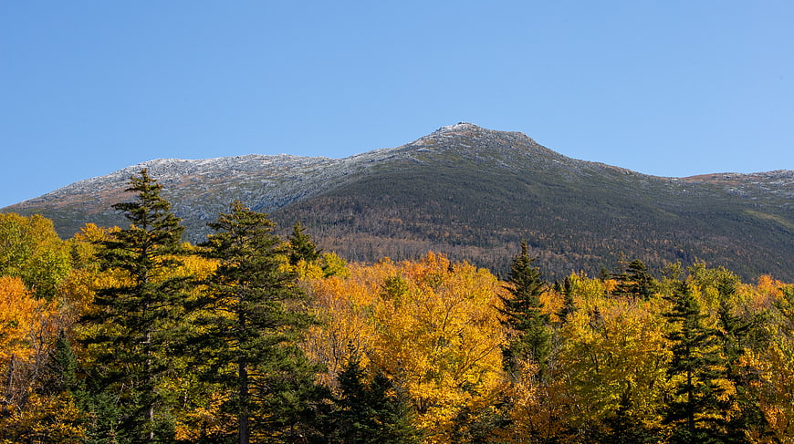 Snow-Capped Mountain Peak with Vibrant Autumn Foliage Forest