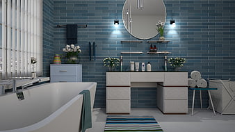 Modern Blue Tile Bathroom Interior Design With White Vanity And Bathtub