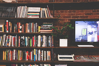 Modern office workspace with bookshelf, brick wall, and computer monitor