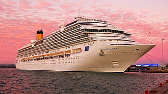 Costa Pacifica cruise ship docked at sunset