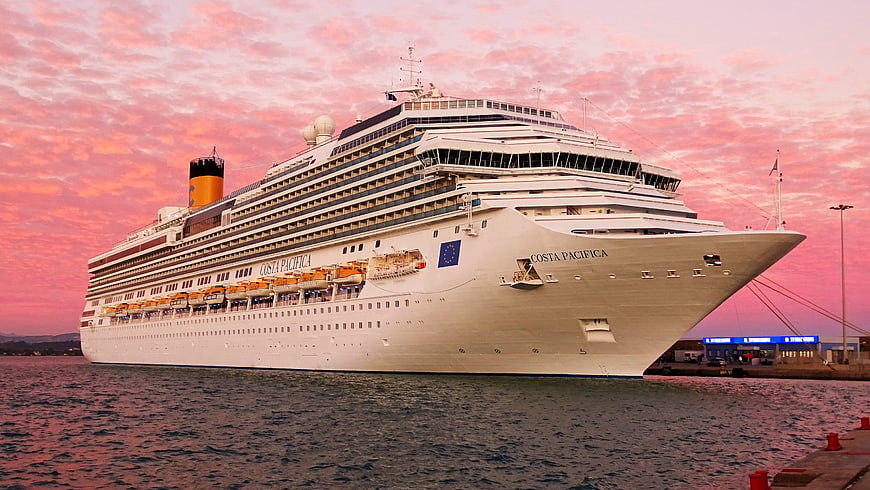 Costa Pacifica cruise ship docked at sunset