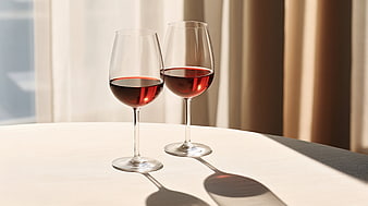Two glasses of red wine on a white table with sunlight